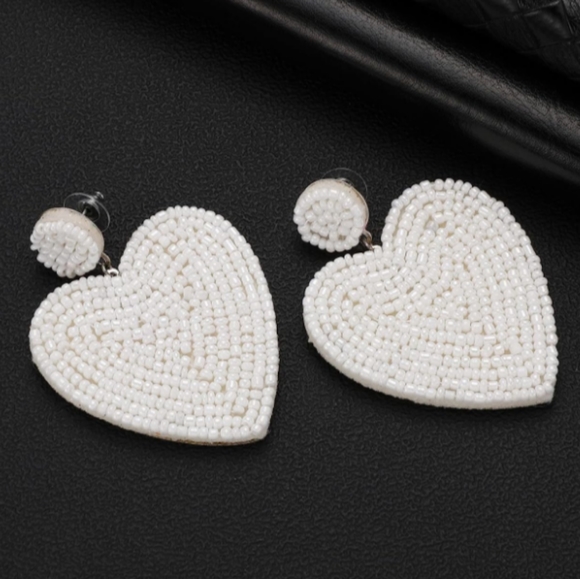 Handmade Large White Heart Beaded Earrings Bead Hearts Statement Jewelry New - Picture 1 of 8